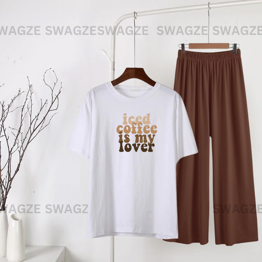 Casual Combo (iced coffee) with brown flapper trouser
