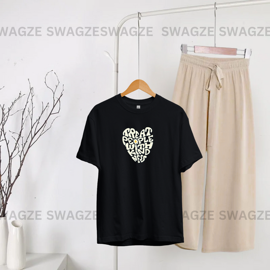 Casual Combo (treat people..) with beige flapper trouser