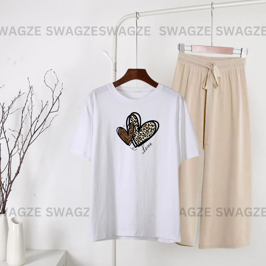 Casual Combo (cheetah hearts) with beige flapper trouser