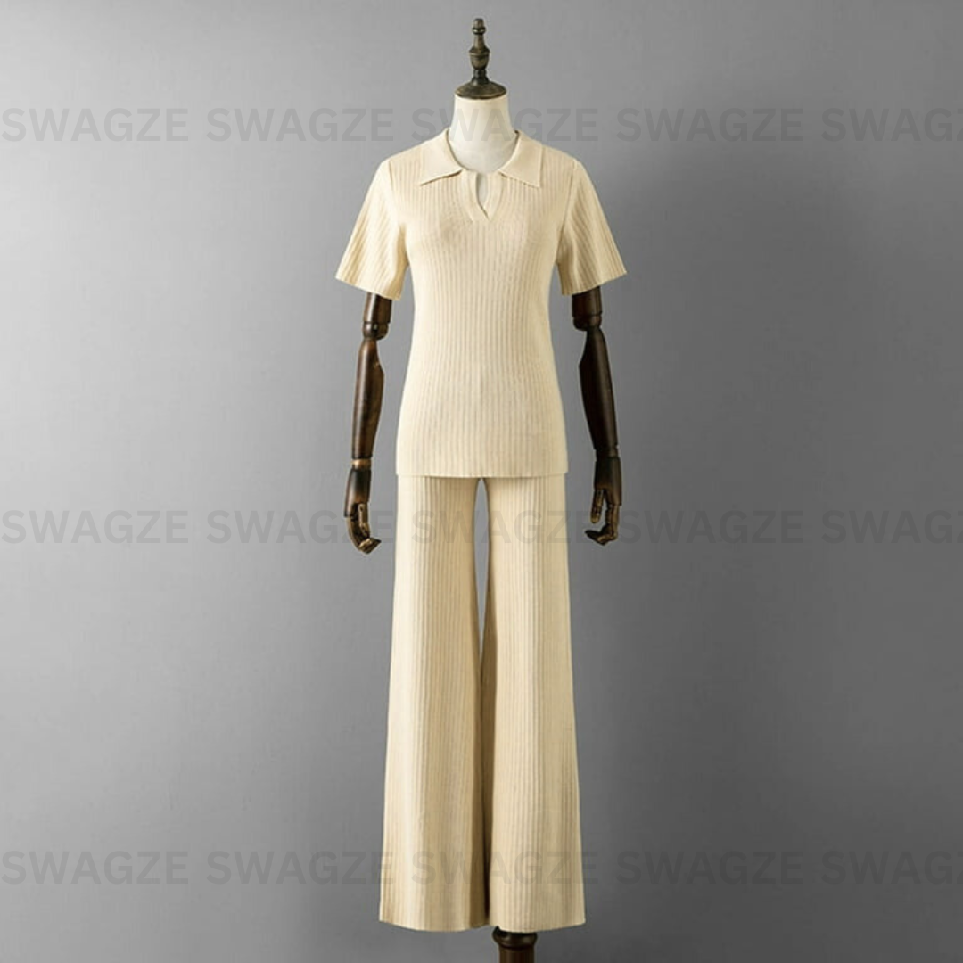 Beige Bloom Ribbed Co-Ord Set