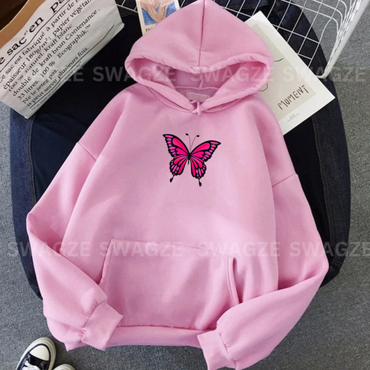 Fleece Hoodie ( pink butterfly )