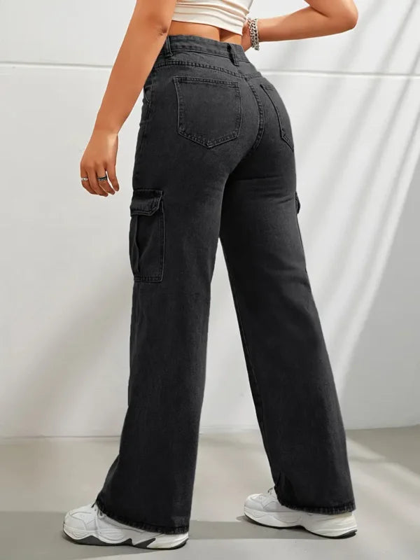 6 Pockets Wide leg Cargo Jeans(Black)