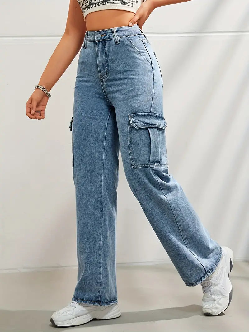 6 Pockets Wide leg Cargo Jeans (Blue)