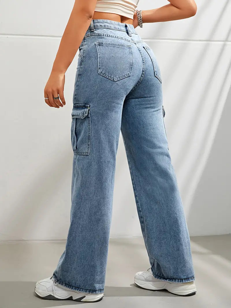 6 Pockets Wide leg Cargo Jeans (Blue)