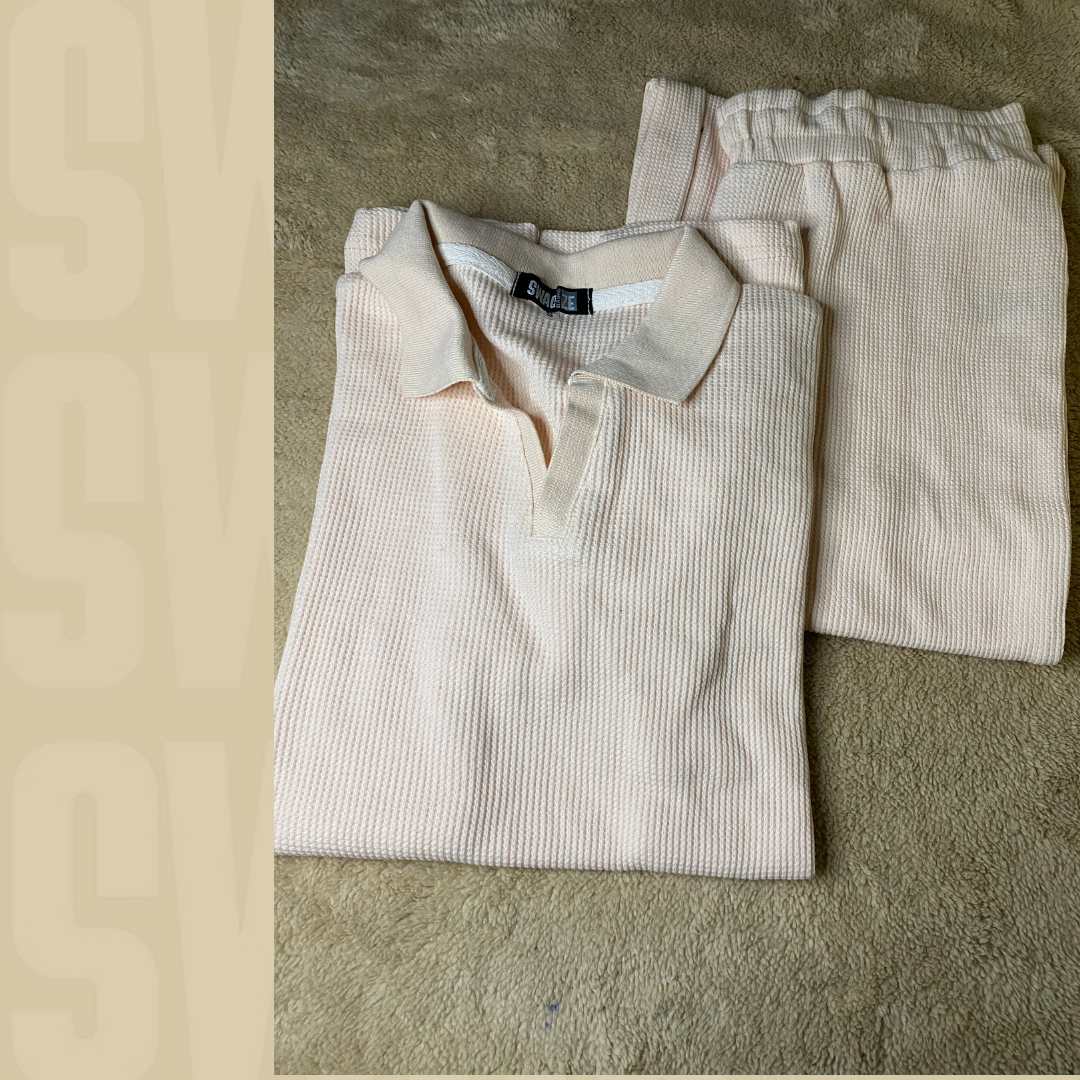 Beige Bloom Ribbed Co-Ord Set