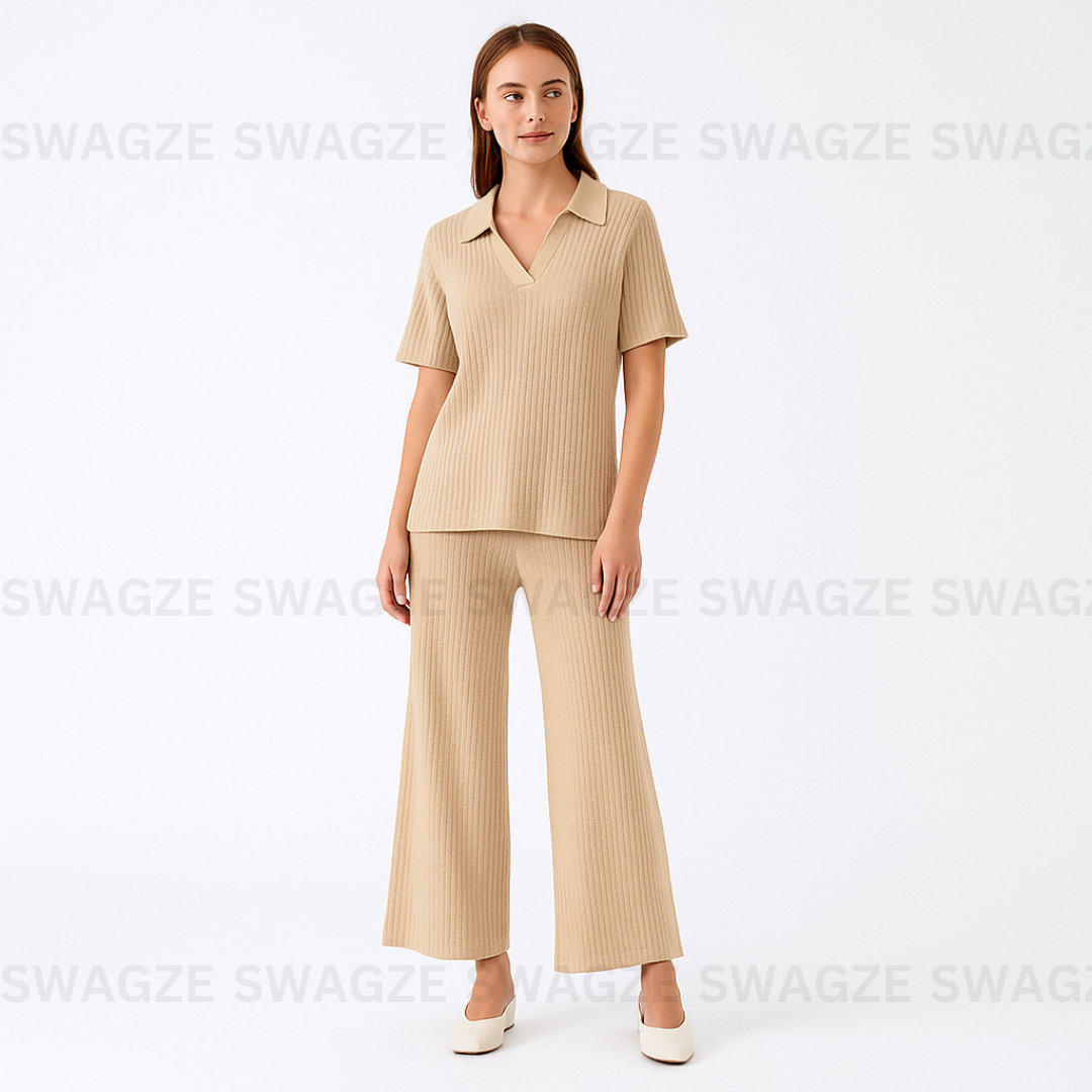 Beige Bloom Ribbed Co-Ord Set