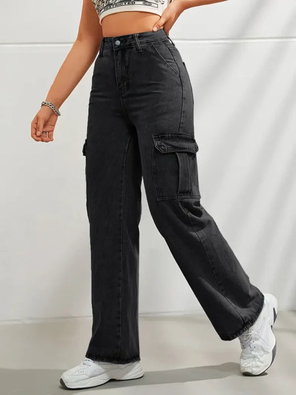 6 Pockets Wide leg Cargo Jeans(Black)