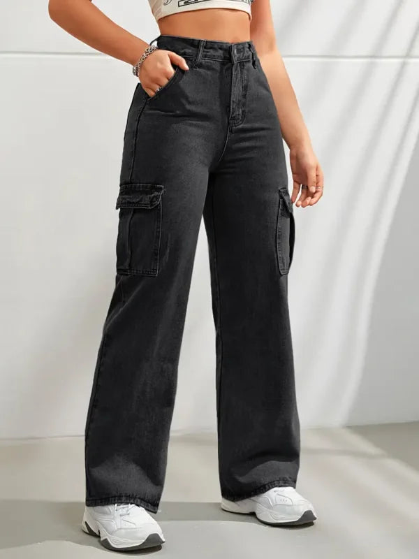 6 Pockets Wide leg Cargo Jeans(Black)