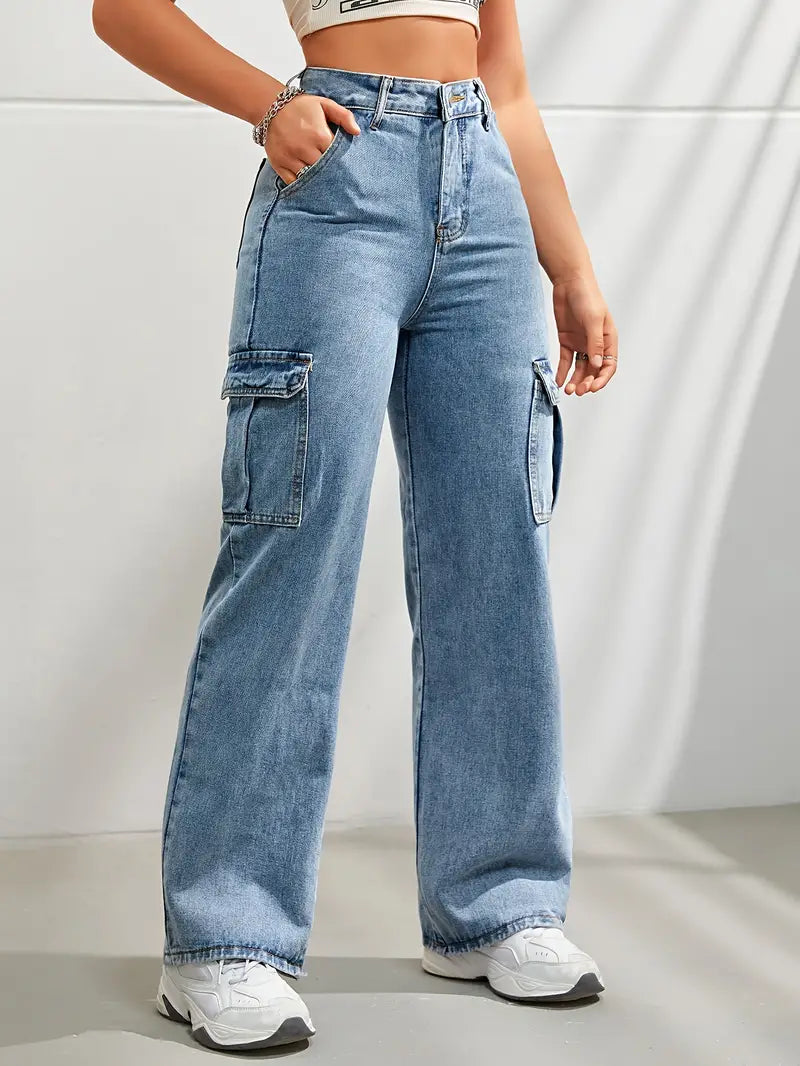 6 Pockets Wide leg Cargo Jeans (Blue)